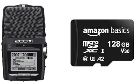 Zoom H2N Handy Recorder & Amazon Basics MicroSDXC-Speicherkarte, 128 GB, mit SD-Adapter, A2, U3, 100 MB/s max. Lesegeschwindigkeit, Schwarz