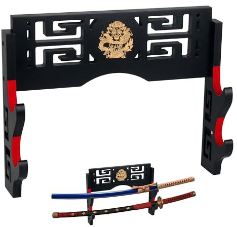 Alyoen Espositore per spada Katana, supporto da parete a 2 livelli per spada samurai e Katana, con gancio imbottito in velluto e motivo drago, per spada laser Wakizashi Samurai