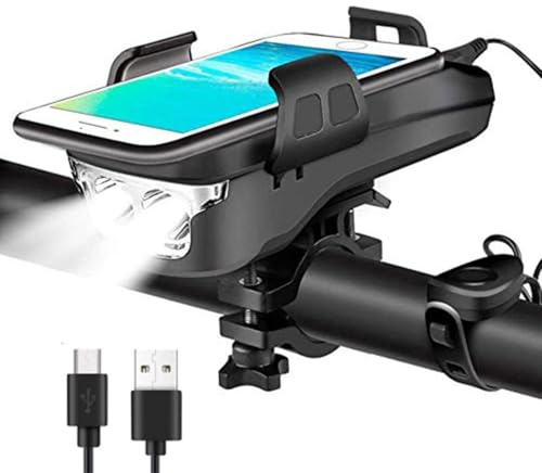 Lumiere Velo Avant Rechargeable USB, Support Téléphone Vélo Universel, Lampe Velo Ultra puissante LED éclairage de vélo avec Power Bank et Cloche, Étanche IPX4, Luminosité Réglable, 4000 mAh