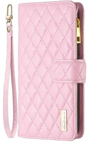 Bnvdfre for Wallet Phone Case for iPhone 16 Case Cover Zipper Pocket Flip Leather Folio Case with 6 Card Holder Slots Silicone Bumper Shockproof Wrist Strap Girls Women Case,Pink