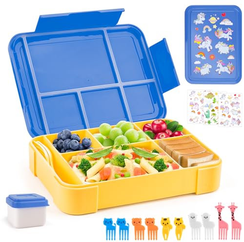 WuGU Fiambrera Infantil Compartimentos, 1300ML Loncheras para Niños con 5 Compartimentos y Cubiertos, Hermetica Lunch Box Kids, Bento Box Sin BPA, Aptos para Microondas y Lavavajillas(Azul)
