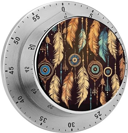 Minuteur mécanique en acier inoxydable - Minuteur de cuisine vintage ethnique tribal imprimé plume en acier inoxydable - Minuteur compte à rebours pour projets de fitness et tâches de cuisine