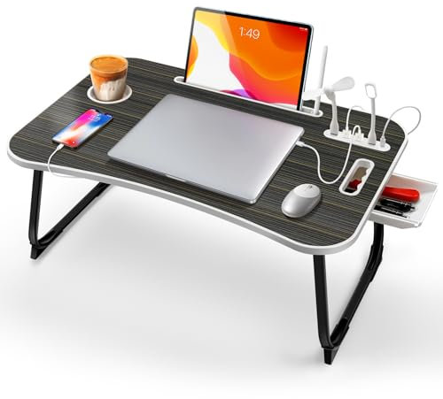ICARE Betttisch, Laptoptisch Betttablett Klappbar mit 4 USB, Tablet Ständer, Schublade, Getränkehalter, Tragegriff, Laptop Tisch für Bett, Sofa, Couch, Boden (60 x 40 cm, Schwarz)