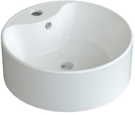YAKE Aufsatzbecken Keramik Aufsatzwaschbecken 41x 41x 15cm Bad Waschplatz Waschbecken Handwaschbecken klein Gäste wc weiß mit Wasserhahnloch und Überlauf rund Design
