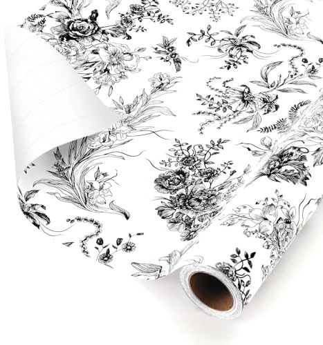 WERNNSAI Geschenkpapier Blumenmotiv – 1 Rolle 43 cm x 10 m Geschenkpapierrolle Blumenstrauß schwarzes Blumen Geschenkpapier für Mädchengeburtstage Frauen Hochzeitsgeschenkverpackungen