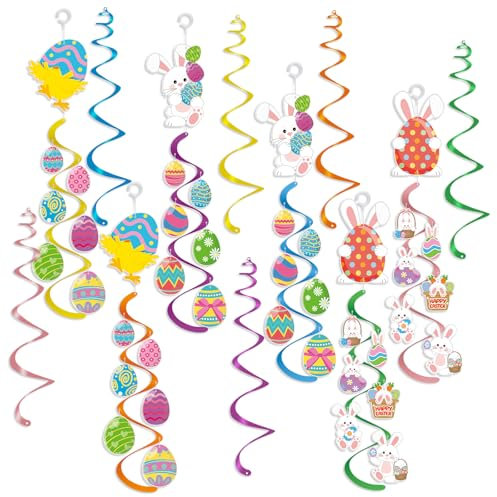 Easter Decor Wirbel,Kaluofan Ostergirlande Hängende Deko, Ostereier zum Aufhängen,Niedlich Bunte Hasen Eier Küken Karotte Osterdeko Haus Büro Schule,Ostern Hängende Wirbel Frühling party Deko