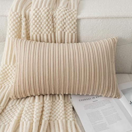 UGASA Kissenbezug, 30,5 x 61 cm, weich, Boho-Streifen, Kordsamt, lang, rechteckig, Landhaus, dekorativer Kissenbezug für Bett, Couch, Sofa, Schlafzimmer, Wohnzimmer, Beige