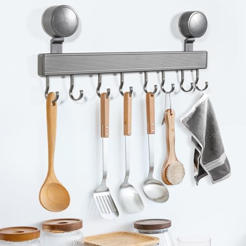 YAOZUP Hakenleiste Küche, 40cm Küchenleiste mit Saugnapf, Küchenhalterung Ohne Bohren, 8 beweglichen Haken, 20KG Tragfähigkeit, Hakenleiste Selbstklebend für Küche Badezimmer Schlafzimmer (A)