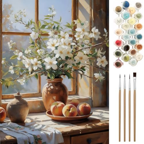 Ninonly Peinture par Numéros pour Adulte kits de Peinture au Numero avec Peintures et Pinceaux Paint by Numbers par Décoration Murale et Cadeaux Pour La Maison 40x50cm (Petite fleur blanche)