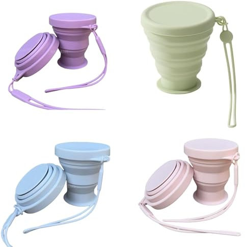 ROSSRORE Paquete de 4 vasos plegables de viaje de silicona, reutilizables de 7 onzas, plegables con tapas, a prueba de fugas y portátiles para senderismo, camping, gimnasio (colores macarrón, 200 ml)