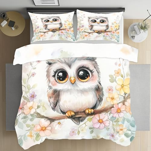 Kioldoq Cartoon Eule Deckenbezug 135x200cm | Niedlich Tier Bettwäsche 3 Teilig, Zweig Kind Bettwäsche Mit Reißverschluss, Bedding Microfaser, Wendebettwäsche
