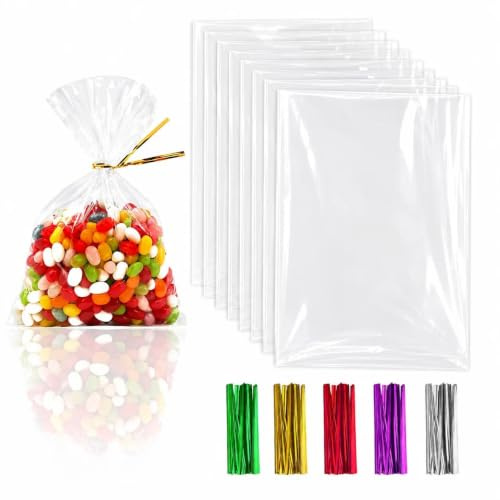 Anstore Süßigkeiten Tüten Klein Durchsichtige 8x12cm, 200 Zellophantüten Transparent Kekstüten mit 200 Bunt Metallischen Bindebaender für Hochzeit Weihnachten Geschenktaschen Kindergeburtstag Tütchen