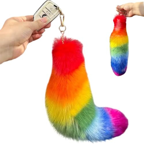 Wedhapy Fuchsschwanz-Schlüsselanhänger 14–16 Zoll Künstliches Haar Bunter Therian-Schwanz Mit Schlüsselring Aus Legierung Flauschiger Schlüsselanhänger Für Autoschlüssel Taschen Und Rucksäcke
