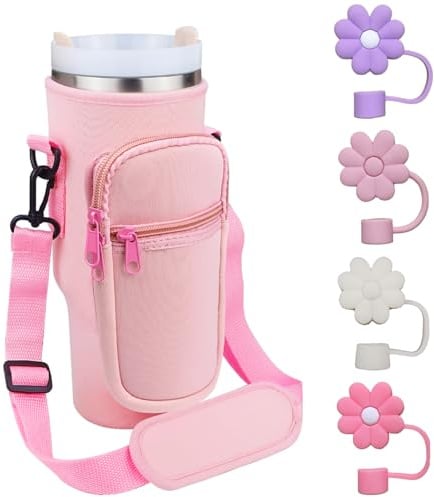 Bolsa portabotellas para Stanley Cup de 40 oz con correa. Incluye 4 fundas de silicona para pajita. Accesorios para viajes y caminatas (rosa).
