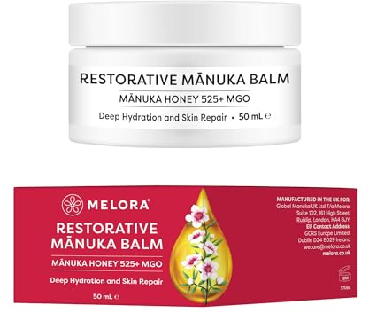 Melora Manuka Honey Balm, 525+ MGO, 50ml, Face and Body, All Skin Types | Rich in vitamin oils and natural waxes to deeply moisturise, ideal for dry patches on lips, hands, elbows and beyond.