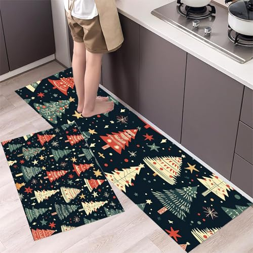 MLSOWM Weihnachtsbaum Und Stern Küchenteppich Set 2 Stück rutschfeste, Retro-Weihnachten Waschbare Küchen Matten Teppiche Set,für Flur Läufer, Esszimmer, Eingang Türmatte 43x75cm+43x150cm Grün