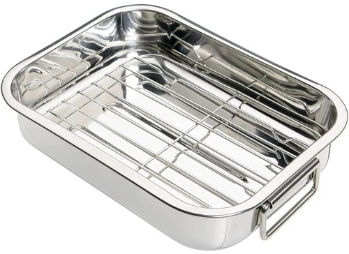 PRICE BEATER Stainless Steel Roasting Tin with Removable Rack & Folding Handles, Large Oven Roaster Pan, Durable Baking Tray for Meat, Vegetables, Lasagna & Casseroles (Medium 32X24X5CM)