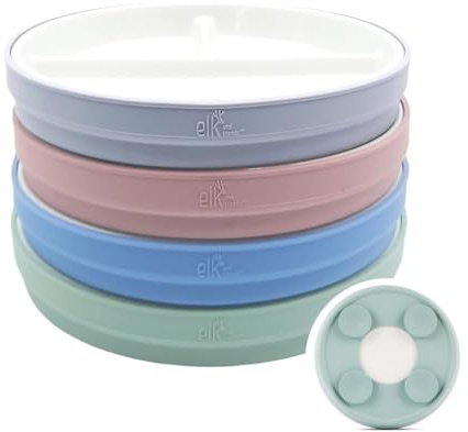 Elk and Friends Piatti divisi in porcellana bianca per bambini da 19,8 cm, con ventose in silicone, adatti per neonati/bambini, adatti per microonde e lavastoviglie, stoviglie da tenere in posizione