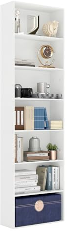 ZZINOKE Bücherregal, Regal mit 7 Ebenen, Schmales Standregal, Bücherschrank & Aufbewahrungsregal, Offenes Regal für Wohnzimmer, Schlafzimmer, Büro, Weiß, 209 x 60 x 23,5 cm