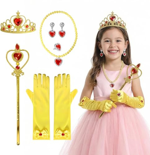 ZXTGBQ 6 Pcs Prinzessin Kostüme Zubehör, Mädchen Dress up Accessoires - Krone, Handschuhe, Zauberstab, Ohrringe, Halskette, Ringe, für Geburtstagsparty, Cosplay, Halloween (Gold)