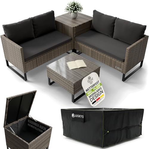 Juskys® Outdoor Polyrattan Lounge Santorini inkl. Abdeckung - Gartenlounge mit Beistelltisch & Auflagenbox - Gartenmöbel Set Rattan Sitzecke wetterfest - Grau