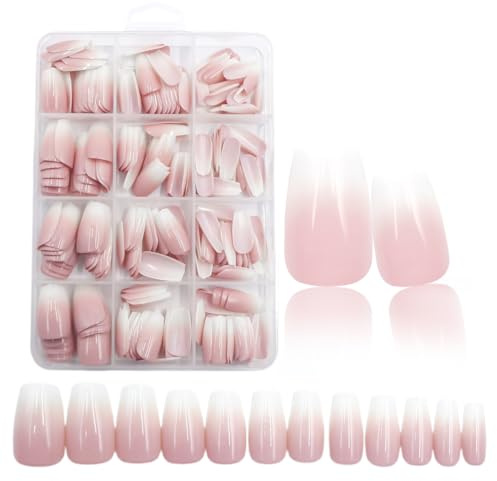 240 Pièces Faux Ongles Court Kit, Faux Ongles Courts en Forme, Capsule Français Ongles, Ongles Sobres Artificiels, pour Diy Nail Art, Rose Dégradé