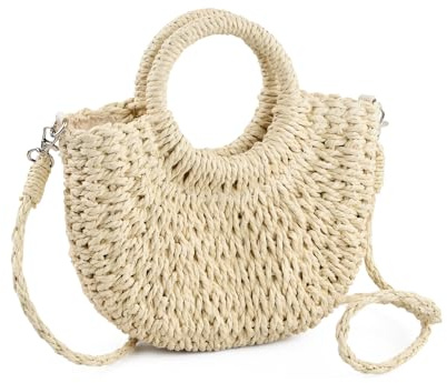 Ziyonix Strohtasche Damen Sommer Strandtasche Klein, Handgewebte Korbtasche mit Griff oben, Elegante Basttasche Umhängetasche für Reise Urlaub Alltag, Leichte Geflochtene Handtasche Clutch
