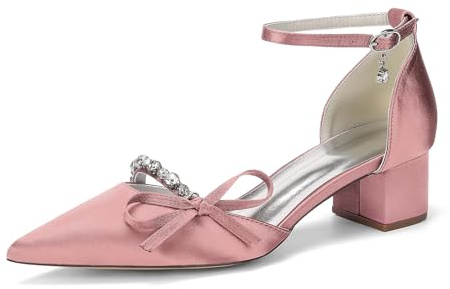 TNMIUH Scarpe da Sposa Donna Avorio Satin, Décolleté con Tacco Largo 4.5cm e Punta Chiusa, Scarpe Matrimonio con Fiocco di Strass e Cinturino, Eleganti Scarpe da Sera