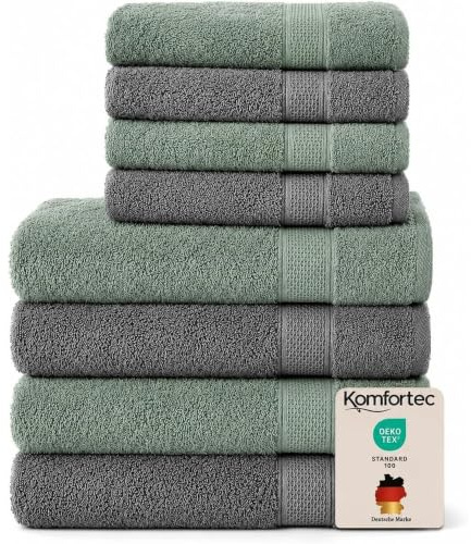 Komfortec Handtuch Set 8 Teilig aus 100% Baumwolle, Anthrazit/Hellgrün | 4 Badetücher 70x140 cm, 4 Handtücher 50x100 cm, Frottee, Flauschig und Saugstark