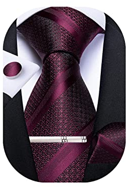 DiBanGu Cravate unie en soie tissée à rayures pour homme - Ensemble de cravate, mouchoir, boutons de manchette, pince à cravate formelle, affaires, mariage, bordeaux, 150