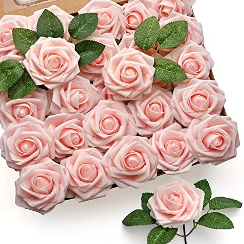 Mocoosy 50 Pcs rose artificiali, rose rosa cipria fiori artificiali schiuma rose finte con stelo per bouquet da sposa centrotavola per fiori artificiali DIY artigianato feste decorazione domestica