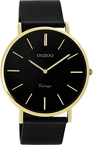 Oozoo Vintage Damenuhr mit Milanaise Edelstahlband Flach 40 MM Schwarz/Goldfarben C9893