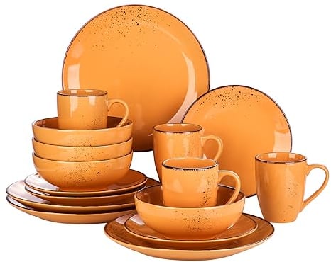 vancasso NAVIA Servizio Piatti 16 Pezzi, Servizio da Tavola 4 persone, Dipinto a Mano in Gres con 4 Piatti Piani, 4 Piatti da Dessert, 4 Tazza da caffè e 4 Ciotole Cereali, Vintage Arancione