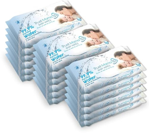 Trust Mama - Baby Wipes 99.9% Purified Water – 18 Pack – Fragrance-Free, Hypoallergenic Wet Wipes for Sensitive Baby Skin – Natural, Everyday Use