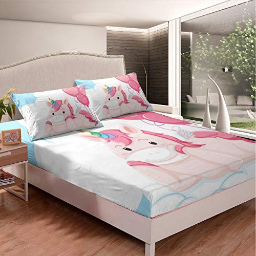 Tbrand Einhorn Spannbettlaken 90x200cm Magische Fantasie Einhorn Spannbetttuch für Kinder Fee Karikatur Muster Bettlaken Set Märchen Rot Ballon Design Weich 2St