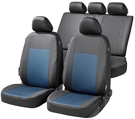 Walser Premium Autositzbezüge Ardwell mit Reißverschluss Qualitätssieger Sehr Gut* Sitzbezüge Auto, Zipp-IT Schonbezüge Komplettset, 2 Vordersitzbezüge, 1 Rücksitzbezug schwarz/blau 11868