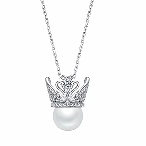 Presentski Kette Halskette Damen Swan Schwanen Perlen 925 Sterling Silber Juni Geburtsstein Herz Krone Dazzling Necklace Halskette mit Zwei SchwäNen Tier Perle Anhänger Geschenk für Frauen Mädchen