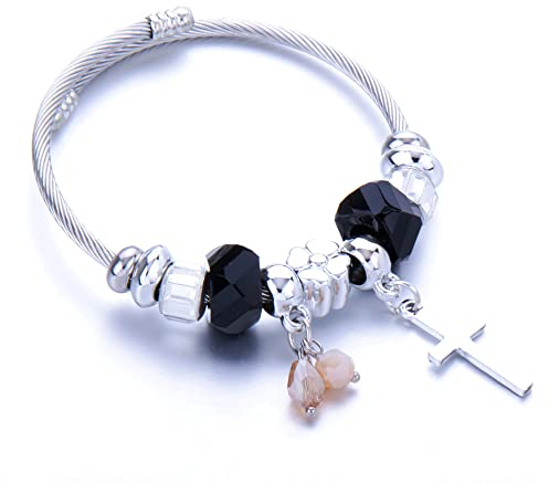 Yean Charm-Armband mit schwarzen Rinestone-Perlen, Boho-Kreuz-Armband, Schmuck für Frauen und Mädchen