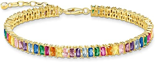 Thomas Sabo Damen Tennisarmband mit bunten Steinen vergoldet, 925 Sterlingsilber mit 750er Gelbgold-Vergoldung, Länge: 16-19 cm, A2030-996-7-L19V