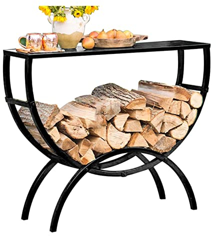 WDJBPSH Holzkörbe Boden-Protokoll-Speicher-Brennholzhalter mit Plattform, Innen-Eisen-hölzernes Stapelgestell Im Freien für Holz Stapelrahmen, Schwarze Halbkreisform
