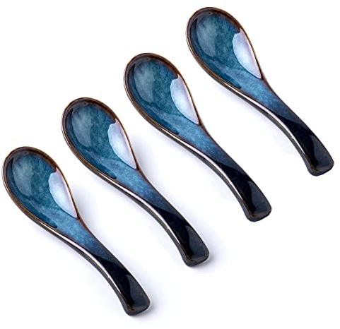 BAtlam Tafellöffel Keramiklöffel dick glasierter Porzellanlöffel chinesischer Löffel Blauer Löffel Heim-Speise- und Restaurant-Kochlöffel 5,5 Zoll lang, Satz von 4 Suppenlöffeln (Color : C) (D)