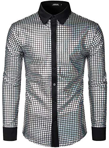 JOGAL Herren Langarm Pailletten Kleid Glitzer Hemd 70er Disco Party Kustüm Silver Mittel