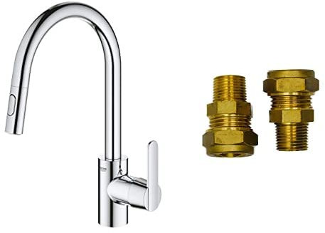 GROHE Get & UK Adaptors - Kitchen Sink Pull-Out Mixer Tap (2 Spray, High Spout, 360° Swivel Range, 35mm Ceramic Cartridge, Smooth Docking, Tails 3/8 Inch, QuickMount), Size 381mm, Chrome, 31484001