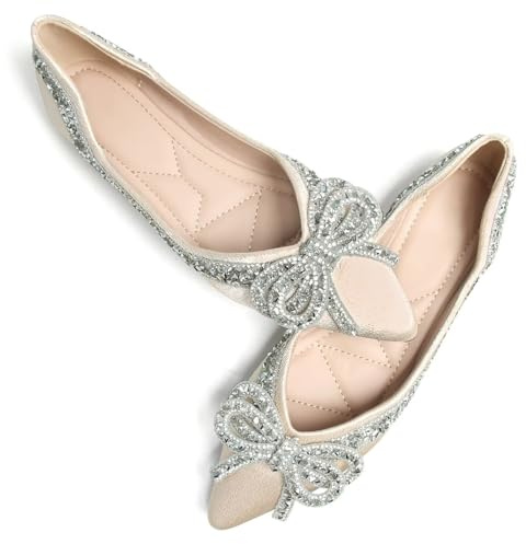 SAILING LU Bow-Knot Ballet Flats for Women Pointed Toe Crystals Wedding Shoes Comfort Light Weight Loafers, 097-apricot, 6 UK