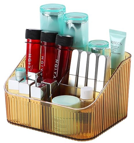 OSteed Amber Makeup Organiser Box for Vanity, Makeup Brush Holder with 5 Cups, Skincare Beauty Cosmetic Storage Box, Dressing Table Organiser Storage, Toiletry Organiser