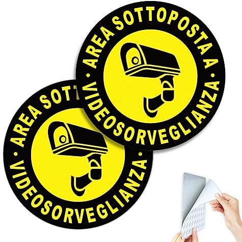 SINMAO Area Sottoposta a Videosorveglianza Segnalata Diametro 10 cm in Giallo | Area Videosorvegliata con Adesivo per Per Interni e Esterni 2 Pezzi