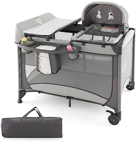 DREAMADE 5 in 1 Reisebett Baby mit Matratze, 110 x 78 cm Beistellbett mit Wiege & Wickelauflage, Babybett Komplett Set für Neugeborene & Baby bis 36 Monate (Grau)