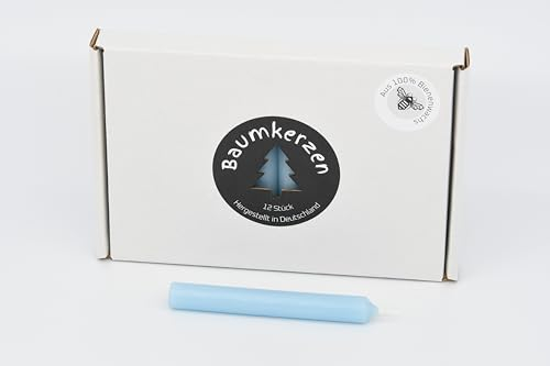 Premium Baumkerzen 12 Stück aus 100% EU Bienenwachs farbig bunt glatt 13x98mm Christbaumkerzen (Hellblau)