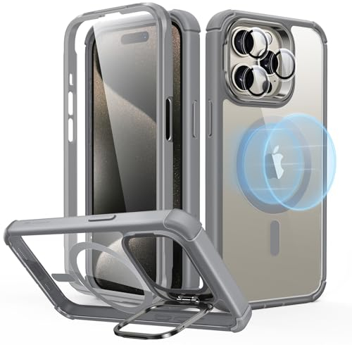 ESR für iPhone 15 Pro Hülle, stoßfeste Ganzkörper Kompatibel mit MagSafe, übertrifft militärischen Schutz, magnetische Handyhülle, 2-teilige robuste Hülle mit Ständer, Armor Serie, Klares Grau