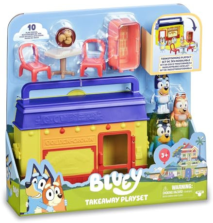 Bluey - Restaurante Takeaway, Playset de Juego en Forma de maletín Que se Convierte en Juguete, con Figuras de Brandit, Bingo, Juego +3 años
